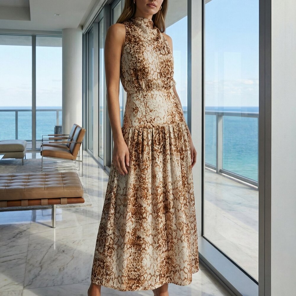 NWT $148 Wayf Brown and Cream Maxi backless tie at neck Dress S